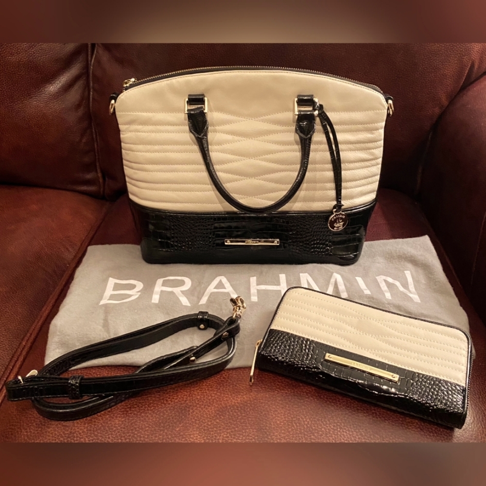 NWOT Brahmin Duxbury Custom Quilted Ivory and Black Satchel and Suri Wallet Set